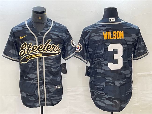 Men's Pittsburgh Steelers #3 Russell Wilson Grey Camo With Patch Cool Base Stitched Baseball Jersey